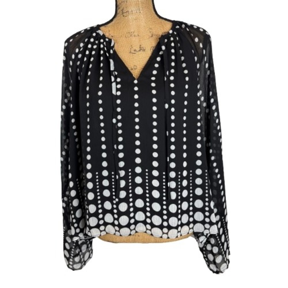 NWT LOFT Black White Polka Dot Peasant Blouse V-Neck Wide Sleeve Chic Large